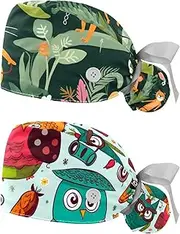 [YTYVAGT] 2-Pc,Nurse Scrub Caps,Scrub Hats with Buttons and Cotton Sweatband,Cartoon Animals in The Forest