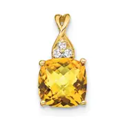 14K Yellow Gold Checkerboard Citrine and Real Diamond Pendant