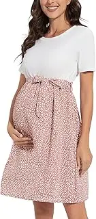 [guruixu] Patchwork Floral Maternity Dress Short Sleeve Round Neck Baby Shower/Photoshoot Pregnancy Midi Dresses with Belt