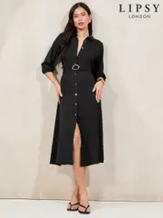 Lipsy Black 3/4 Sleeve Button Through Midi Shirt Dress (F74399) | $111
