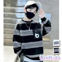 在飛比找momo購物網優惠-【UniKids】中大童裝條紋長袖T恤 韓系潮流 男大童裝女