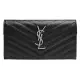 【YSL】MONOGRAM系列V字縫線魚子醬牛皮金屬LOGO銀釦手拿長夾(黑372264-BOW02-1000)