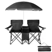 Portable Outdoor Folding Chair for Two with Removable Sun Umbrella Black