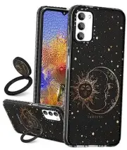 for Samsung Galaxy A03S Phone Case with Ring Holder Cute Sun 13-Black Sun Moon