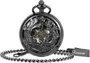 [TREEWETO] Mechanical Skeleton Pocket Watch Lucky Phoenix & Dragon Hollow Case with Chain + Gift Box