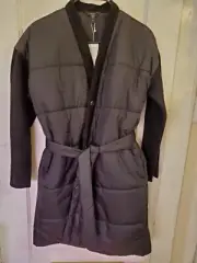 NWT $378 Eileen Fisher Black Recycled Nylon& Boiled Wool K/L Coat - Sz Sml - NWT