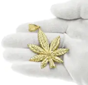 Marijuana Leaf Pendant 10k Yellow Gold Cannabis Weed Pot Mens Charm 2.5 inch