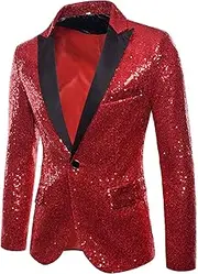 [Generic] Men's Sequins Suit Jacket Shiny Sparkly One Button Blazer Glitter Clothes Party Tuxedo Wedding Prom Festival Costume, C-red, Small