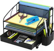 Desk Organizer 3 Tray with Sliding Drawer, Hanging File Holder and Pen Holder Accessory, Black