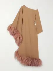 [Taller Marmo] Taller Marmo - Ubud Extravaganza Feather-trimmed Crepe Maxi Dress - Camel - IT42 IT 42 Brown