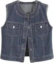 [OFFSUM] Women'S Denim Vest - Spring Summer Denim Vest Round Neck Single Breasted Sleeveless Front Button Casual Large Size Jacket Waistcoat Top