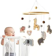 Promise Babe Baby Mobile for Cot - Animal Felt Ball Giraffe Lion Elephant Zebra Hippo - Wood Crocheted Hanging Deco for Newborn Boys Girls Nursery