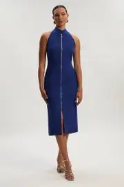 Techno Cotton Halter Neck Zip Detail Woven Midi Dress