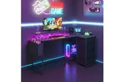 Advwin L Shaped Convertible LED Computer Gaming Desk 140cm Black