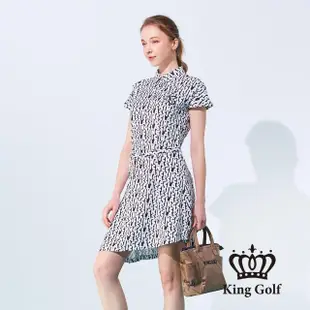 【KING GOLF】實體同步款-女款滿版字母印花刺繡涼感收腰短袖連身裙/高爾夫球洋裝(黑色)