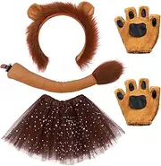 4 Pack Lion Cosplay Set for Women - Headbands With Plush Ears, Tutu Skirt, Tail and Paws Gloves Kit for Animal Party Props (ADULT)