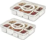 Divided Serving Tray with Lid and Handle, 2 Pack Snackle Box Charcuterie Container, Portable Snack Fruit Tray, Snack Platters Organizer with 8 Compartments for Nuts, Spices, Fruits, Snacks