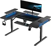 EUREKA ERGONOMIC Electric Standing Desk 190x110 cm U Shaped Gaming Desk Height Adjustable Large Studio Computer Desk with LED Convertible Monitor Shelves, Keyboard Tray, ERK-U71-B