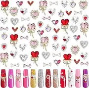 60PCS Heart Nail Rhinestones, Kalolary Metal Bows Diamond Charms for Makeup Nail Art Decorations 3D Romantic Alloy Nail Gems Heart Crystal for Valentine’s Day Women Girls DIY Crafts Accessories