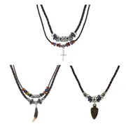 Vintage Cross Necklace Wooden Beads Leather Cord Religious Pendant Jewelry