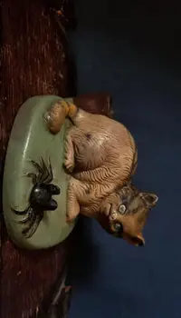 在飛比找Yahoo!奇摩拍賣優惠-老雕塑擺飾 貓與螃蟹