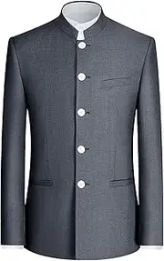 [Aosufei] Men's Chinese Tunic Suits Mandarin Collar Formal Suit Jacket Solid Front Button Blazer Traditional Uniform