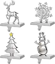 EBANKU Christmas Stocking Holders, Set of 4 Silver Stocking Hangers Snowman Snowflakes Christmas Tree Deer Mantel Hanger for Fireplace Mantle Christmas Decorations