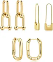 [LYLYMIMI] 3 Pairs 14k Gold Plated Ball U Shape Pin Y2K Style Chunky Earring Link Chain Chunky Circle Hoop Earrings Paperclip Link Chain Jewelry Drop Dangle Earrings set for Women Teen Girls