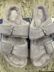 NEW Birkenstock Arizona Shearling Slide Sandal - Purple Fog - Womens 9US/7UK