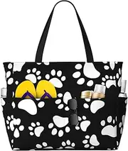 [Ghjkfbf] Bear Paw Print Large Capacity Beach Travel Bag For Family, Beach Tote Bag For Women With Zipper Pockets, Black, One Size