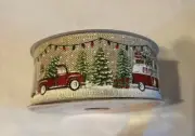 1.5”x 30ft Wired Edge Ribbon. Christmas Truck With Tree And Bus On Beige