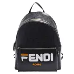 【FENDI 芬迪】釉面緹花FENDI MANIA牛皮飾邊帆布拉鍊手提/後背包(黑X白黃7V2012-A5N7-F0CFM)