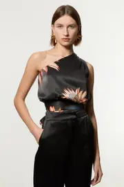 Viscose Satin Tie Waist One Shoulder Blouse