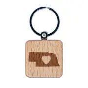 Nebraska State with Heart Engraved Wood Square Keychain Tag Charm
