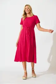 Mary Midi Dress Short Sleeve in Pink Fuchsia Linen Blend 8