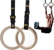 Wooden Gymnastic Rings with Adjustable Number Straps, Olympic Rings for Gym, Workout, Exercise, Outdoor Training, Quick Install Carabiner, 23CM Straps Pull Up Non-Slip Rings