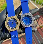 UNISEX ICED BLING-ED OUT SILICONE BLUE BAND STRAP QUARTZ EVERYDAY HIP HOP WATCH