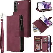 for Samsung Galaxy S21 Wallet Case,for Galaxy S21 5G Case,Boyobacase PU Leather Wallet Flip Cover Stand Feature[ 6 Card Slots and 1 Zipper Coin Pocket] with Wrist Strap-Wine Red