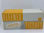 VINTAGE Kleenex TISSUE BOX SOFT YELLOW New Press Open Tab 400 Count Delsey Ad