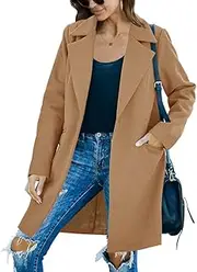 [Fazortev] Womens Casual Long Sleeve Wool Blend Pea Coat Lapel Notched Collar Warm Midi Jacket Overcoat