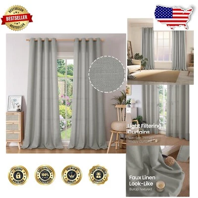 95" Faux Linen Grommet Curtains – 2 Panels in Grey, Chic Light Filtering Privacy