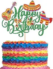 1 Pack Fiesta Happy Birthday Cake Topper Cactus Donkey Guitar Rackets Pepper Cake Pick for Mexican Fiesta Theme Baby Shower Birthday Party Cake Decorations Supplies Green