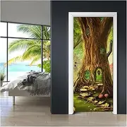 Door Stickers Landscape Big Tree Stickers 3D Removable Self Adhesive Wallpaper Art Murals for Doors Modern Home Decor(77x200cm)