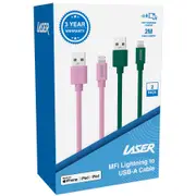 Laser MFi Lightning to USB-A Cables 2 Pack - Pink/Green
