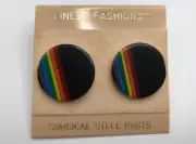 Vintage Rainbow Pierced Earrings Lighweight Black Plastic Retro 80s
