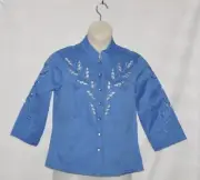 Bob Mackie Open Front Cut-Out Embroidery Jacket Size S Blue
