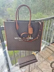 Michael Kors Mirella Large North South Tote Bag+Trifold Wallet Combo Set (Brown)