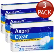 3 x Aspro Clear Regular Strength Pain Relief 24 Soluble Effervescent Tablets