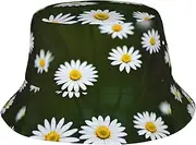 [DRTGEDS] Wild White Daisy Flower Printing Outdoor Sun Bucket Hat Protection Safari Cap Wide Brim Fishing Hat for Hunting Boating