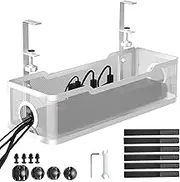 Cinati Under Desk Cable Management Tray White, 15.7" No Drill Clamp-On Cable Box for Wire Organization, Office and Home Use - No Damage to Desk